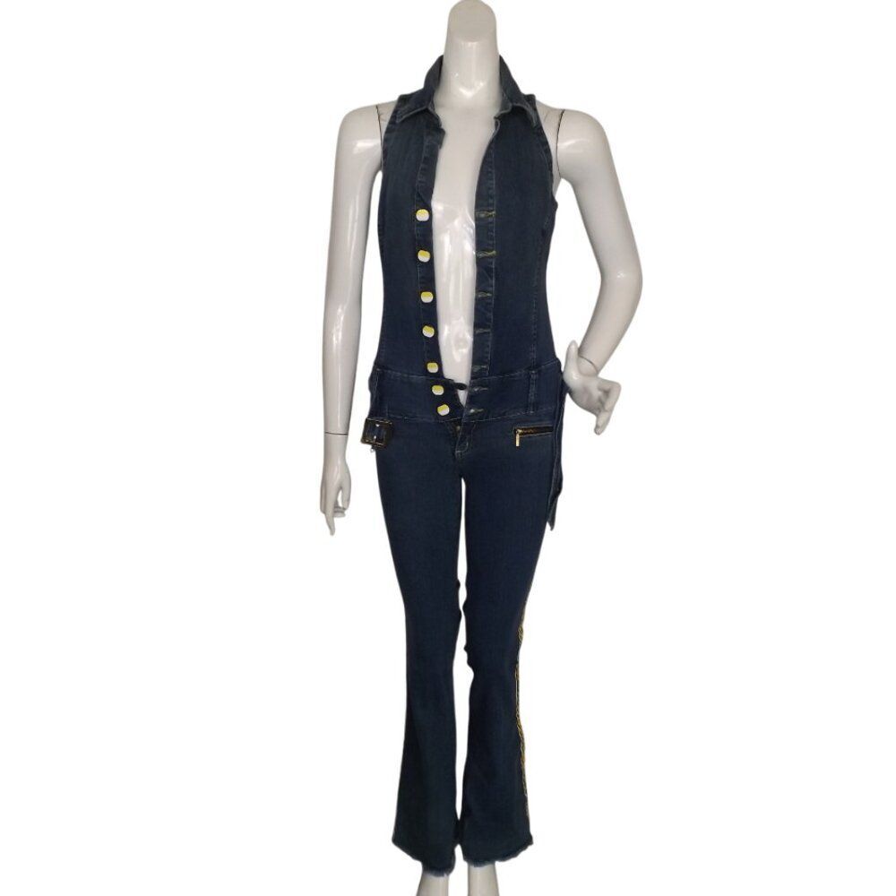 SCORPIO Denim Jumpsuit, 1 JR, Button front, low rise, Flare/fringe hem, Pockets